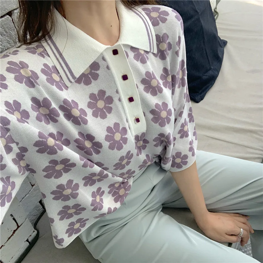 

Button Striped Turndown Thin Knit Loose Oversized Daisy Print Kawaii Floral T Shirt Tee Short T-Shirt Crop Top Korean Women Cute