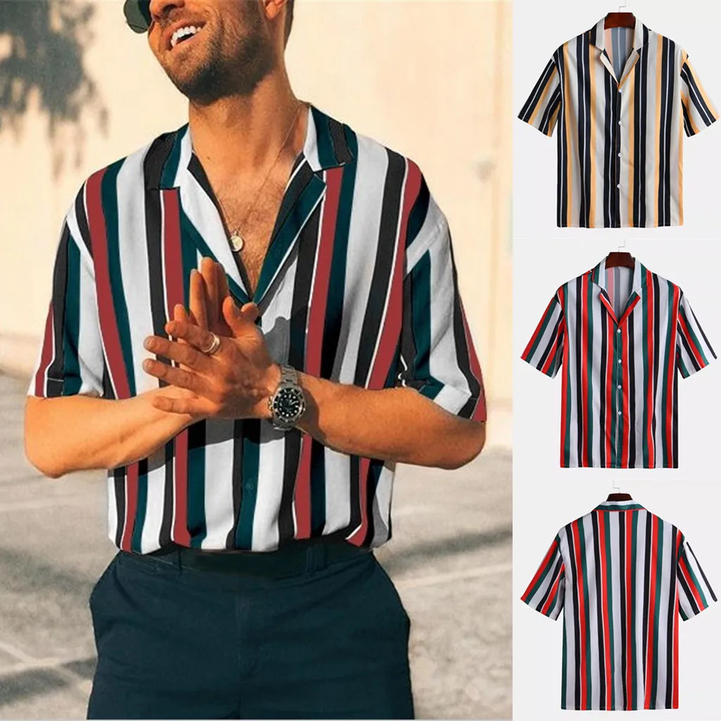

2019 New Men's Summer Fashion Tops Shirts Casual Striped Pattern Printing Tee Shirt Short-Sleeve Top Hauts pour hommes Male god