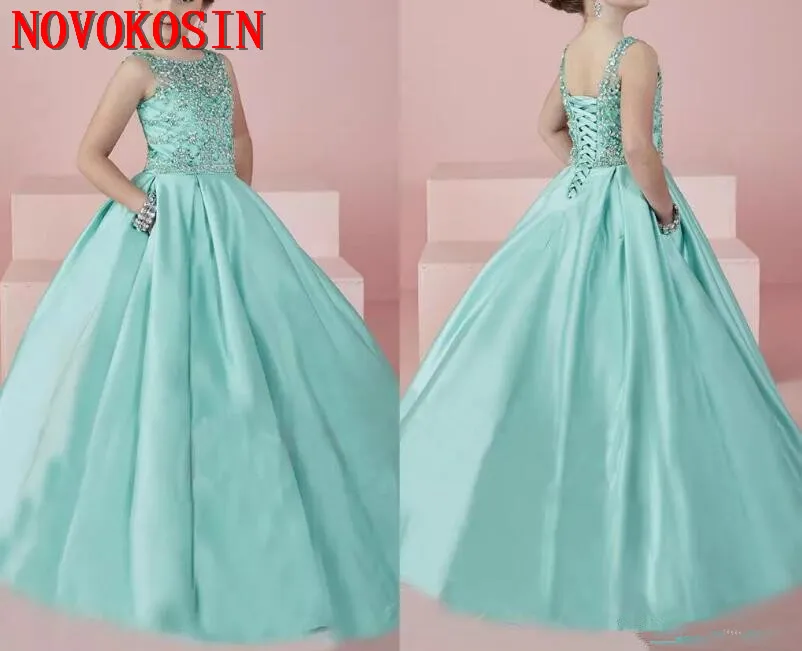 

New Shinning Girl's Pageant Dresses 2019 Beaded Crystal Satin Mint Green Flower Girl Gowns Formal Party Dress For Tens Kids