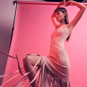 

2018 Newest Fashion Beige Bandage Dress Women Sexy V Neck Sleeveless Elegant Tassel Maxi Night Out Party Dress Vestido Wholesale