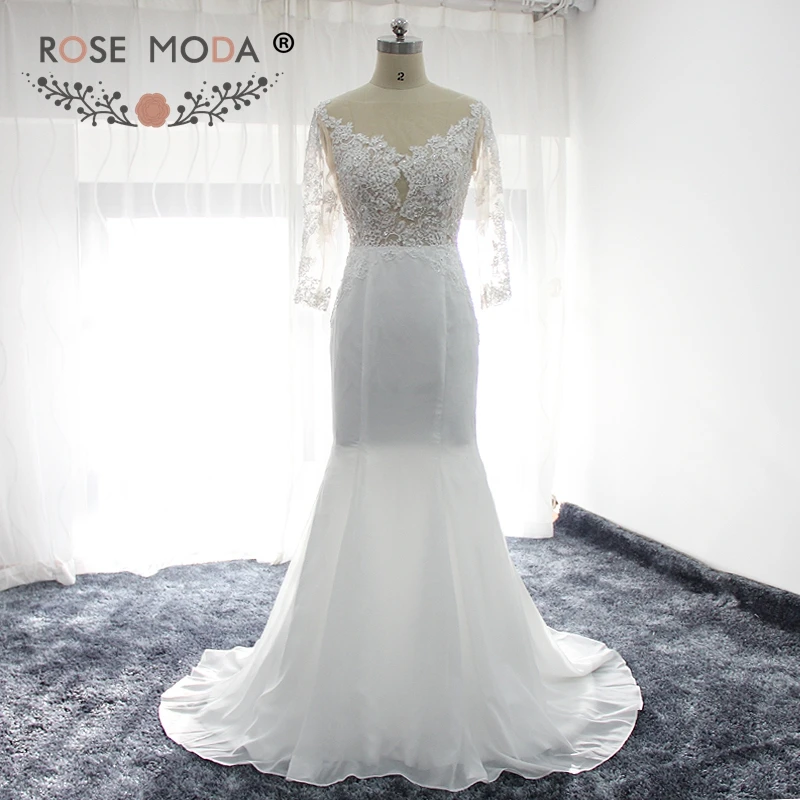 Rose Moda Long Sleeves Boho Wedding Dress Backless Lace Mermaid Wedding Dresses Real Photos