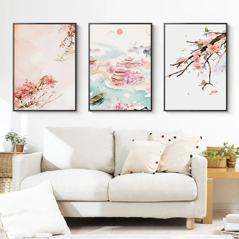 

Japan Style Watercolor Landscape Pink Flower Cherry Canvas Painting Poster Art Wall Picture Girl Cute for Living Room Home Decor