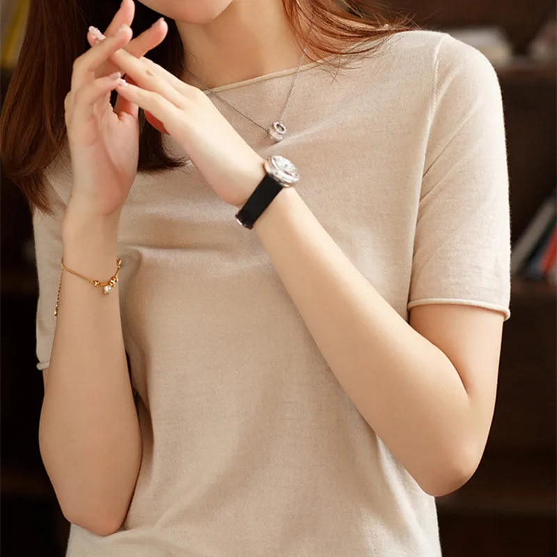 Summer Sweaters JECH Spring Korean Casual Fashion Women Solid Short Sleeve Rolled O-neck Pullovers Jumper Knitted | Женская одежда