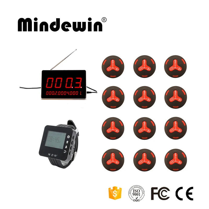 

Mindewin Paging System In Wireless Communication 12pcs Service Call Buttons +1pc LED Display Receiver + 1pc Wrist Watch Pager