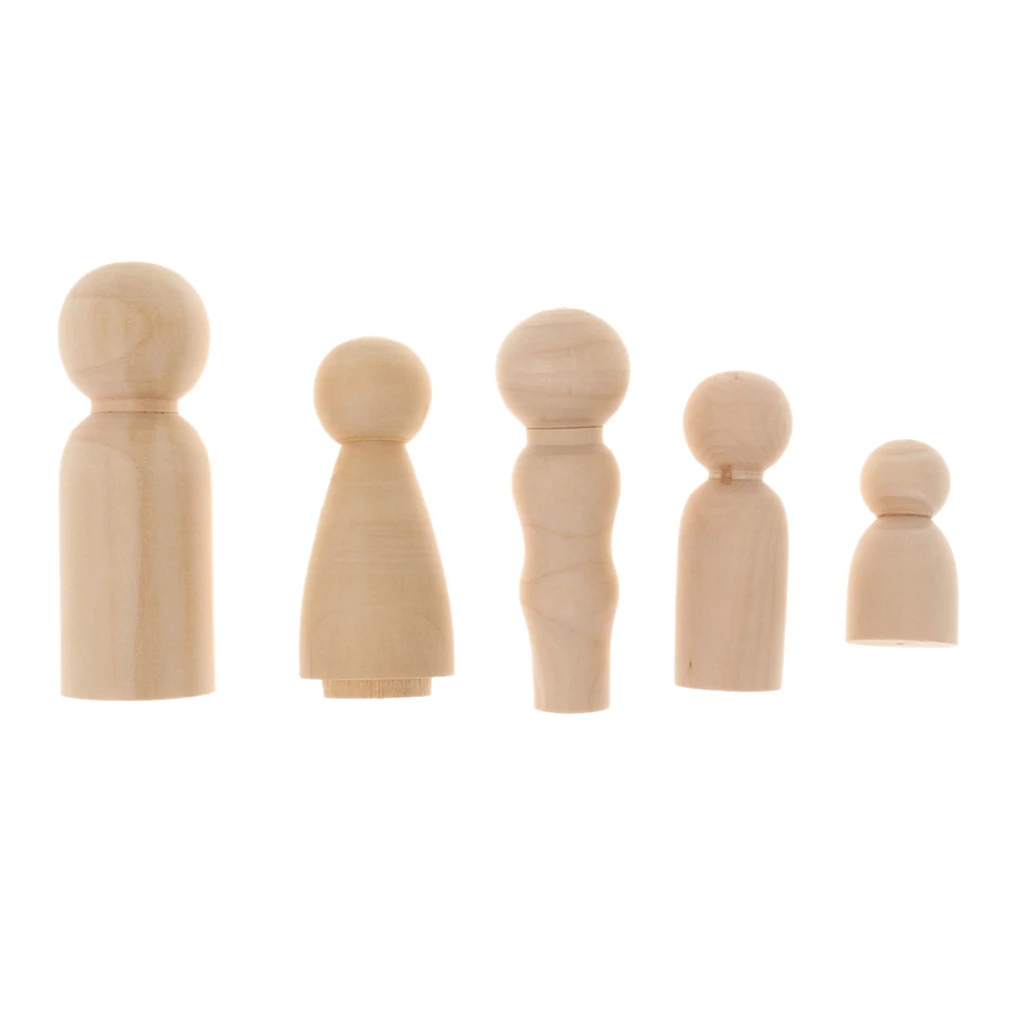 MagiDeal Family of 5pcs Wooden Dolls Accessory Set Wooden People Figures DIY Craft handmade peg dolls child's toy 