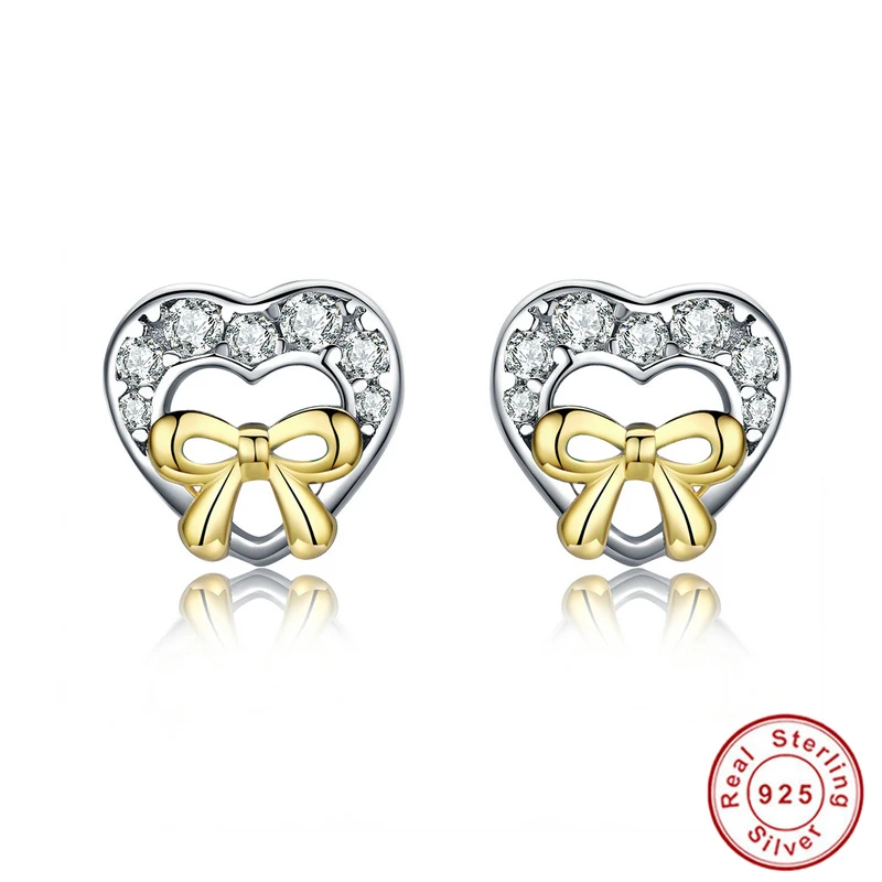 

Authentic 925 Sterling Silver 8mm Heart earrings with gold Bowknot ,AAA Zircon Stud Earrings for Women Jewelry Brincos 071