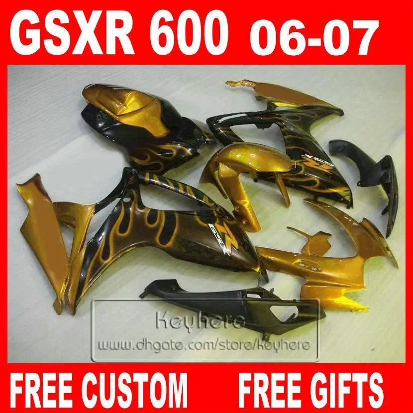 

Fairing set for 06 07 SUZUKI Injection molded fairings GSXR 600 2006 GSXR600 2007 golden flames in black body kits K6  Hy54+7 g