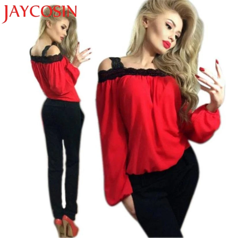 

t shirt Women Sexy Off Shoulder Long Sleeve Shirt Lace Chiffon Loose Top T Shirt t-shirt July 21