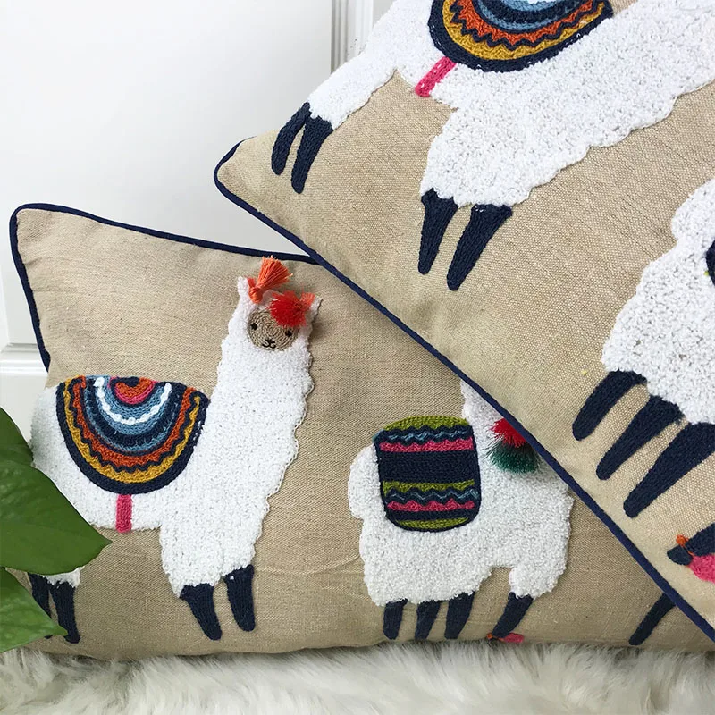 Милый Альпака бежевый чехол для подушки с вышивкой подушка чехол с Ленточки для диван-кровать прямоугольник дома декоративные 30x60 см