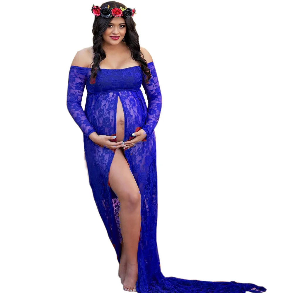 Lace Long Sleeve Pregnancy Dress Photography Props Maternity Dresses Shoot Maxi Gown Dresses For Pregnant Women Clothes - Цвет: Blue