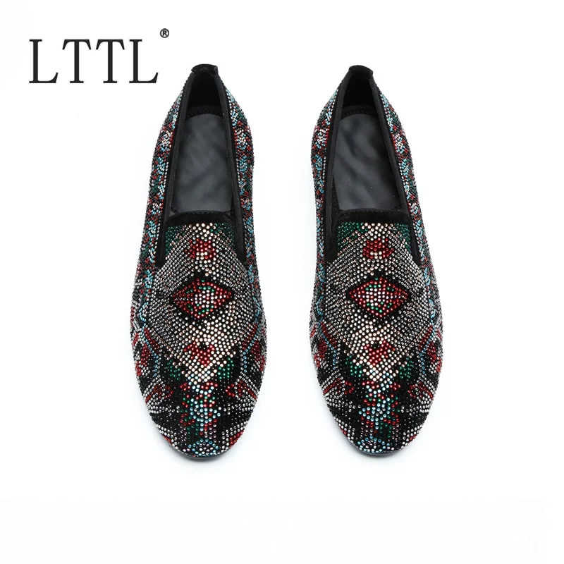 LTTL Newest Style Mixed-color Rhinestone Men Dress Shoes Luxury Fashion Cow Suede Men Loafers Slip-ons Mens Party And Prom Shoes