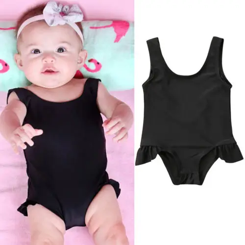 New Cute Baby Girls V Back Swimsuit Solid Color Newborn Swimwear One