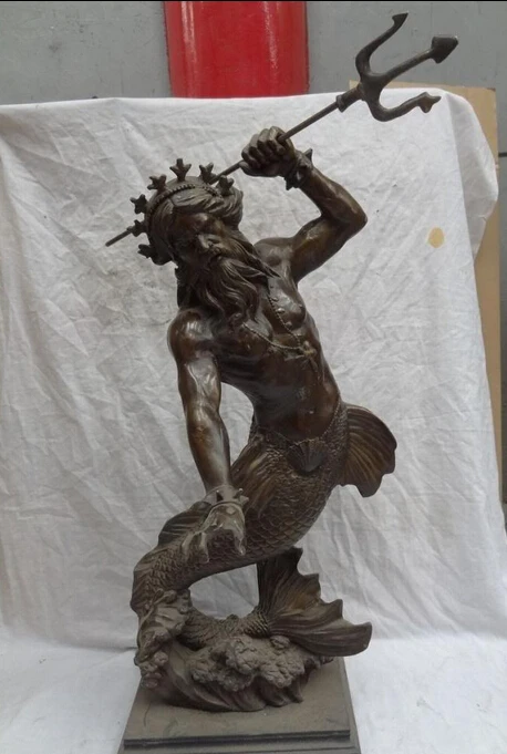

007947 28" Chinese Bronze Art Davy Jones Nereus Mermaid Sea Fish God Statue Sculpture