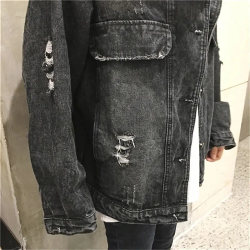 Black denim girl jacket 2019 new spring large size Korean version loose hole women's denim long sleeve lapel jacket W12