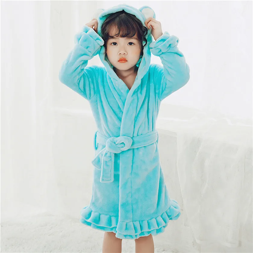 

Kids Robe Winter Fleece Ruffles Hem Baby girls Pure Color Pajamas Childrens flannel sleepwear warm pajamas Pink Blue Hot S85207A