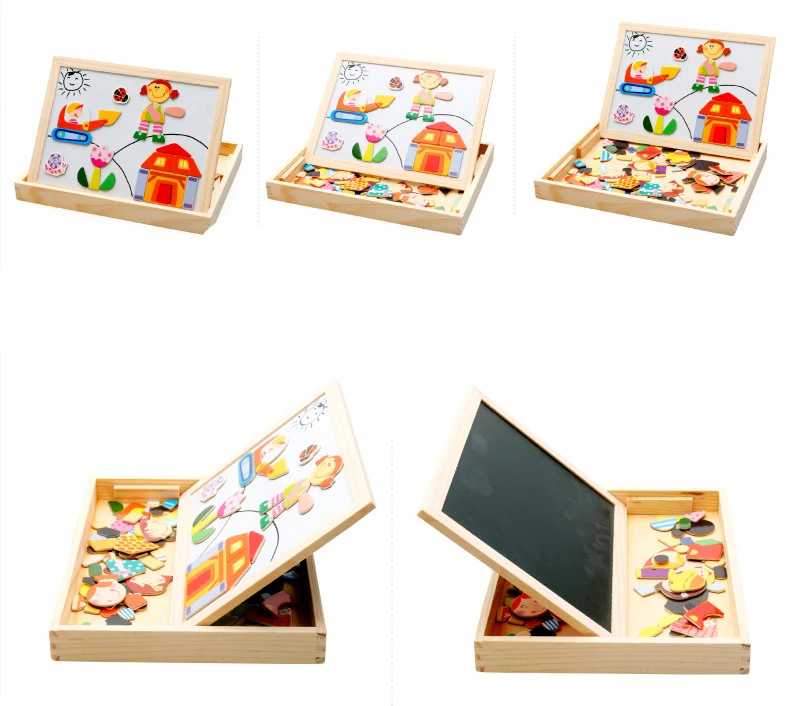 Placa de Escrita Brinquedo de Madeira Brinquedos para Crianças Estilo Desenho Placa Magnética Quebra-cabeça Duplo Cavalete Criança Aprendizagem Educação Fantasia Presente 3 12 Brinquedos p/ desenhar