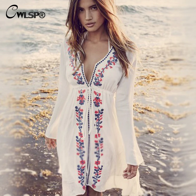 

CWLSP White Sexy Drawstring Summer Mini dress for Lady Embroidery Beach Holiday Dresses Waist Adjustable robe femme QL3885