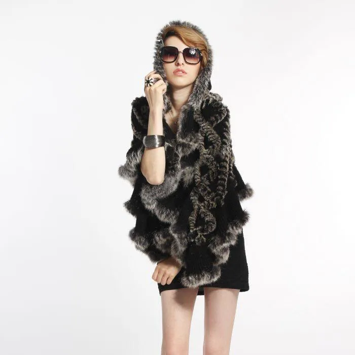 

free shipping Genuine Knitted rabbit Fur Shawl Wrap Cape women coat Wholesale retail