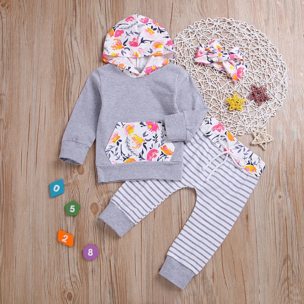 

Baby Girls Clothing Sets Striped Casual Trousers + Floral Print Hooded Long Sleeve Hoodies + Headband 3Pcs Suits Kids Outfits