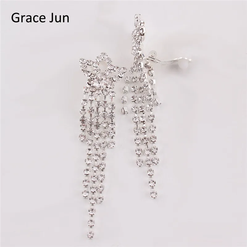 Grace Jun16 цвета горный хрусталь кристалл клипсы с кистями на серьги без необходимости прокола для женщин Шарм украшения для люстры ухо клип Рождественский подарок