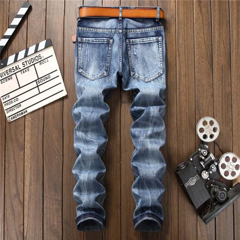 Mcikkny Men's Ripped Embroidery Jeans Slim Fit Dragon Embroidered Biker Denim Trousers Streetwear Jeans Pants For Male Washed 