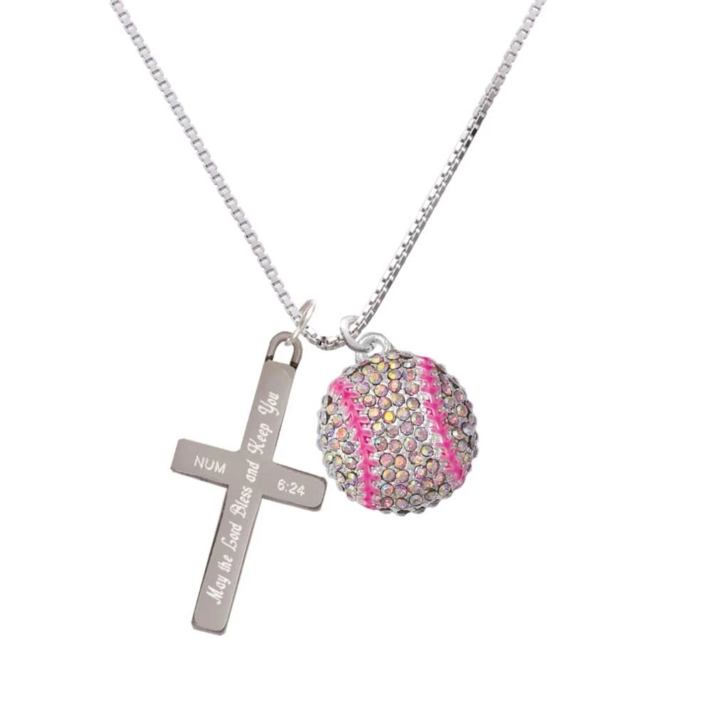 Large Super Sparkle Crystal Pink AB Softball - Bless and Keep You - Cross Necklace