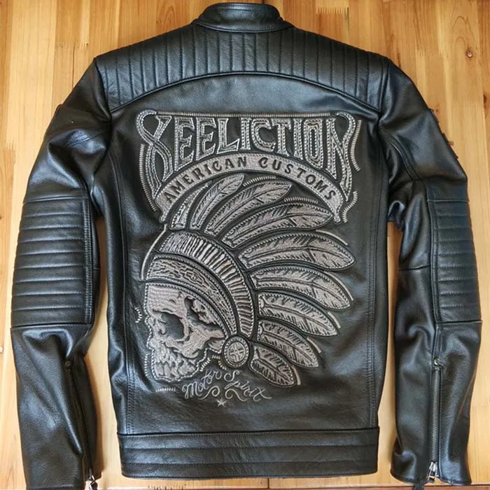 

New arrival man's genuine cowhide leather coat male motorcycle biker jacket with embroidery high-end quality plus size xxxxxl