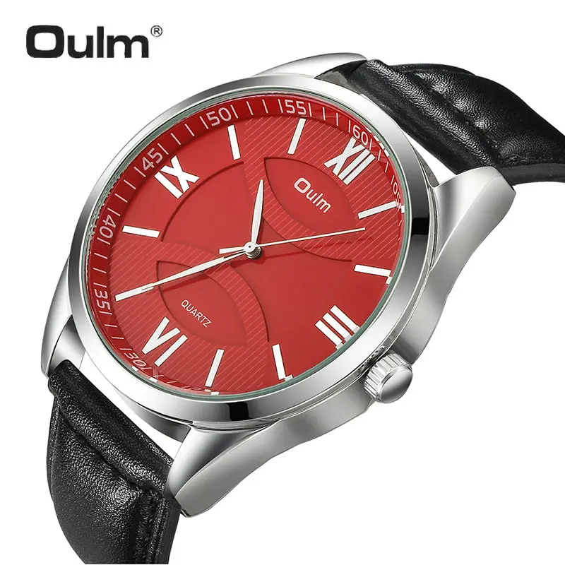 

OULM Fashion Business Oversize Watch Men Quartz Clock Roman Number Red Dial Leather Strap Classic Mens Watches Top Brand Luxury