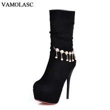 VAMOLASC New Women Autumn Winter Warm Faux Suede Mid Calf Boots Sexy Thin High Heel Boots Platform Women Shoes Plus Size 34-43