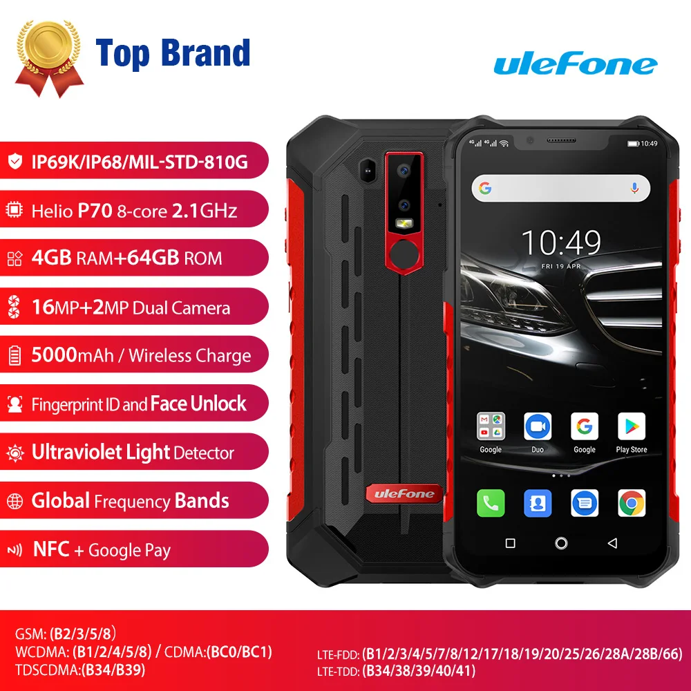  Ulefone Armor 6E IP68 Waterproof Rugged Smartphone Helio P70 Otca-core Android 9.0 NFC 4GB+64GB Wir