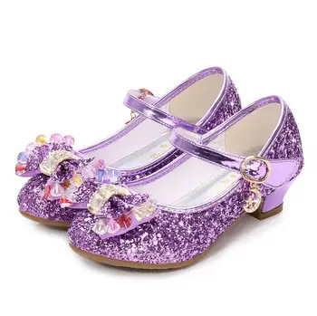 

Girls high-heeled shoes new sequins Spring shoes small girls princess students performance bow shoes red, purple