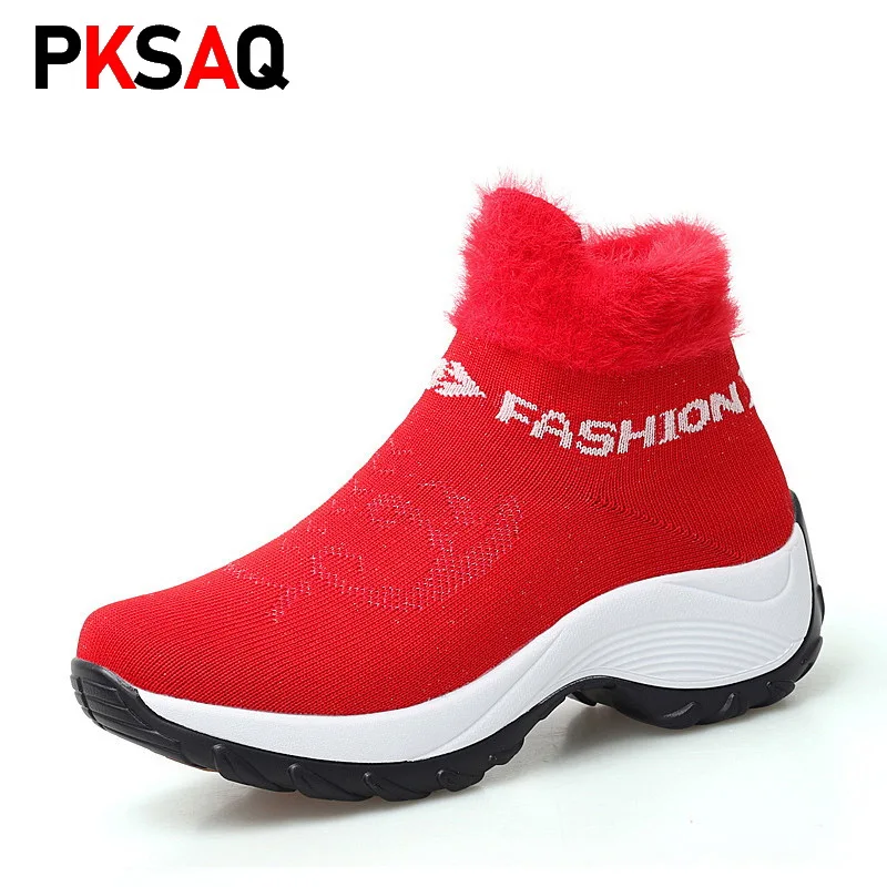 

Brand New Boots Women 2019 Winter Fashion Platform Wedges Shoes Woman Slip-on Snow Boots Red botas mujer Big Size 35-42