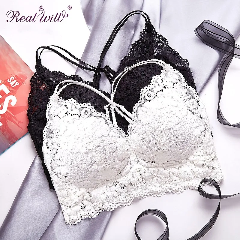 Realwill Bra Wire Free Bras For Women Thin Cotton Lace Black White Y