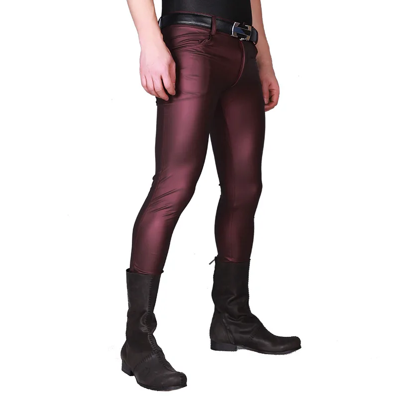 Sexy Shiny Faux Leather Pencil Pants Punk Stage Wear Elastic Tight Trousers Erotic Lingerie Gay Wear Sexy Men Pencil Pants Plus