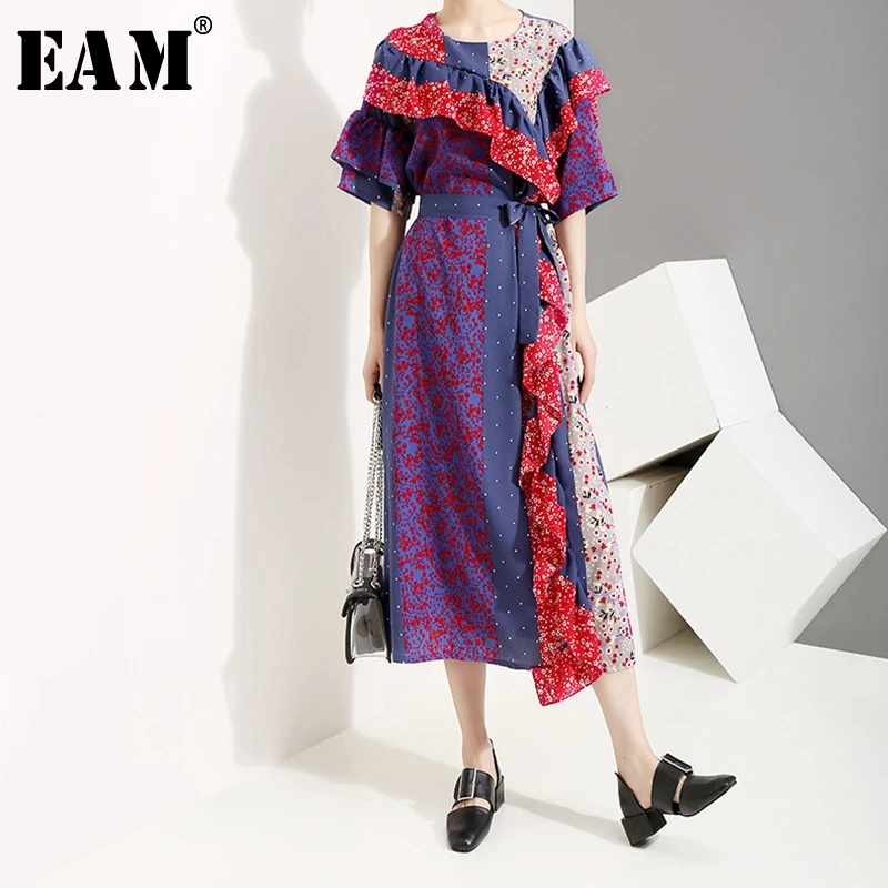 

[EAM] 2019 New Spring Summer Round Neck Short Sleeve Pattern Printed Ruffles Split Joint Loose Dress Women Fashion Tide JU677