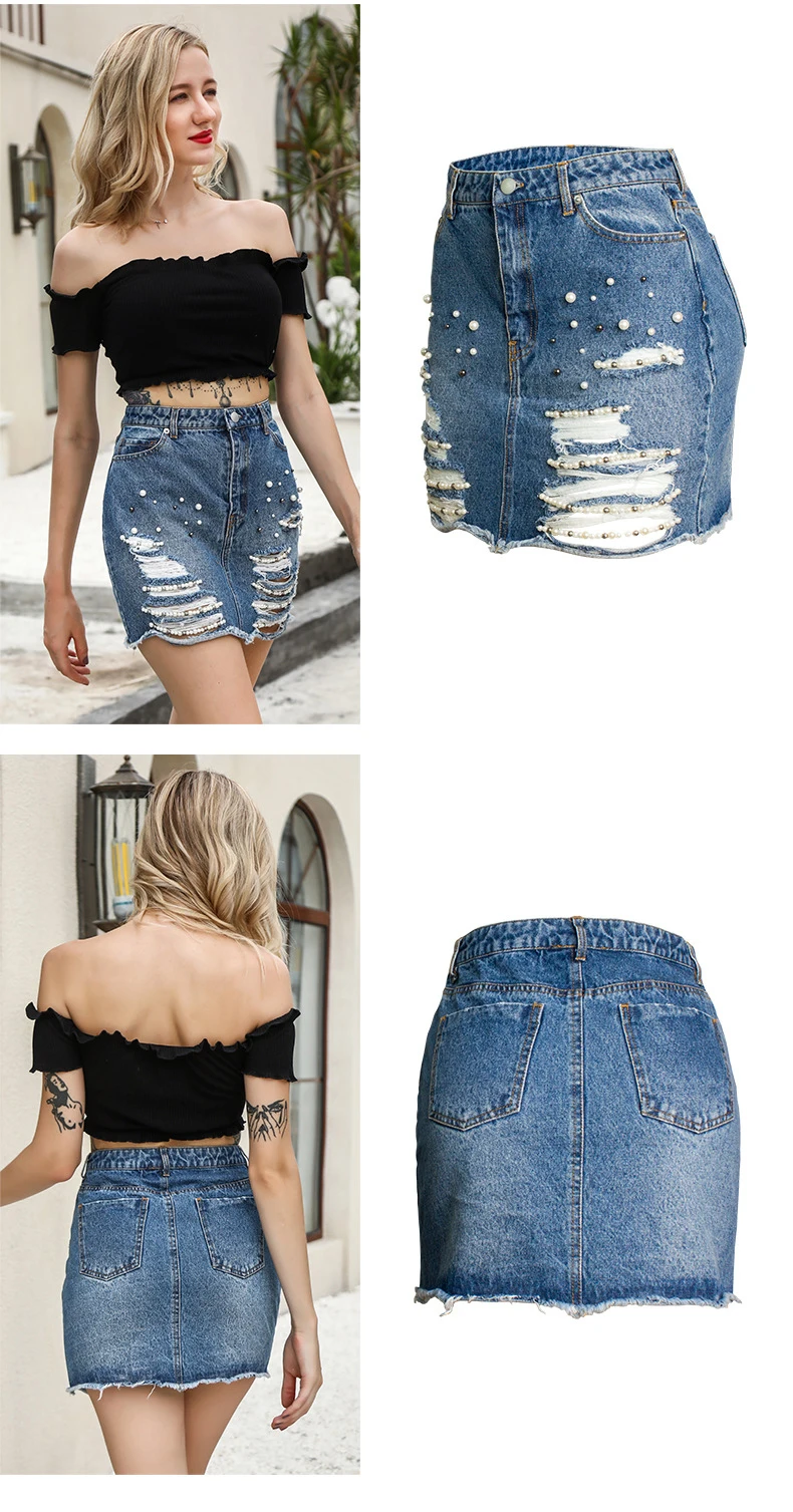 New pearl high waist sexy bag buttock skirt torn denim skirt (4)