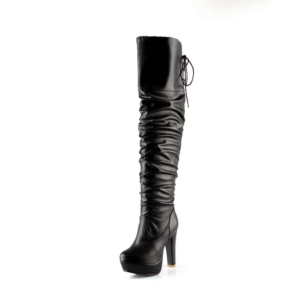 ZJVI для женщин Сапоги выше колена женская обувь осень зима модные высокие каблуки сапоги до бедра черный женская обувь на платформе - Цвет: Черный