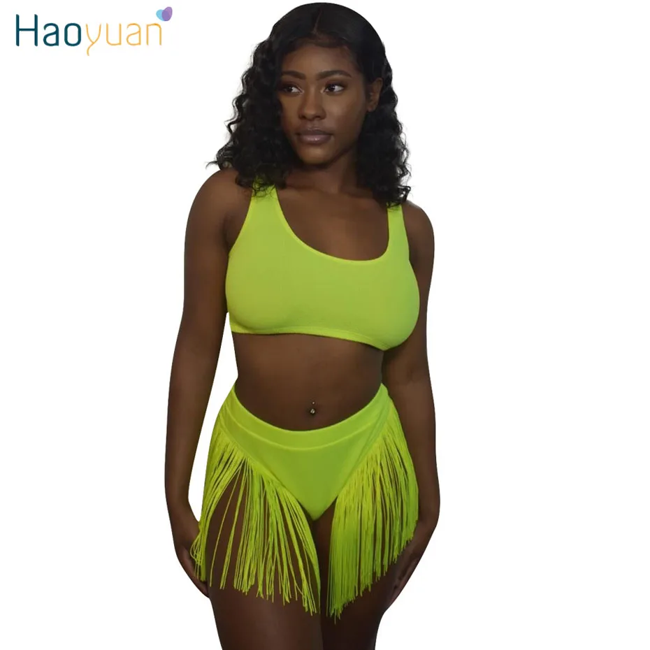 

HAOYUAN Neon Green Two Piece Set Summer Beach Outfits for Women Clothes Crop Top and Shorts Sexy 2 Piece Short Bathing Suit