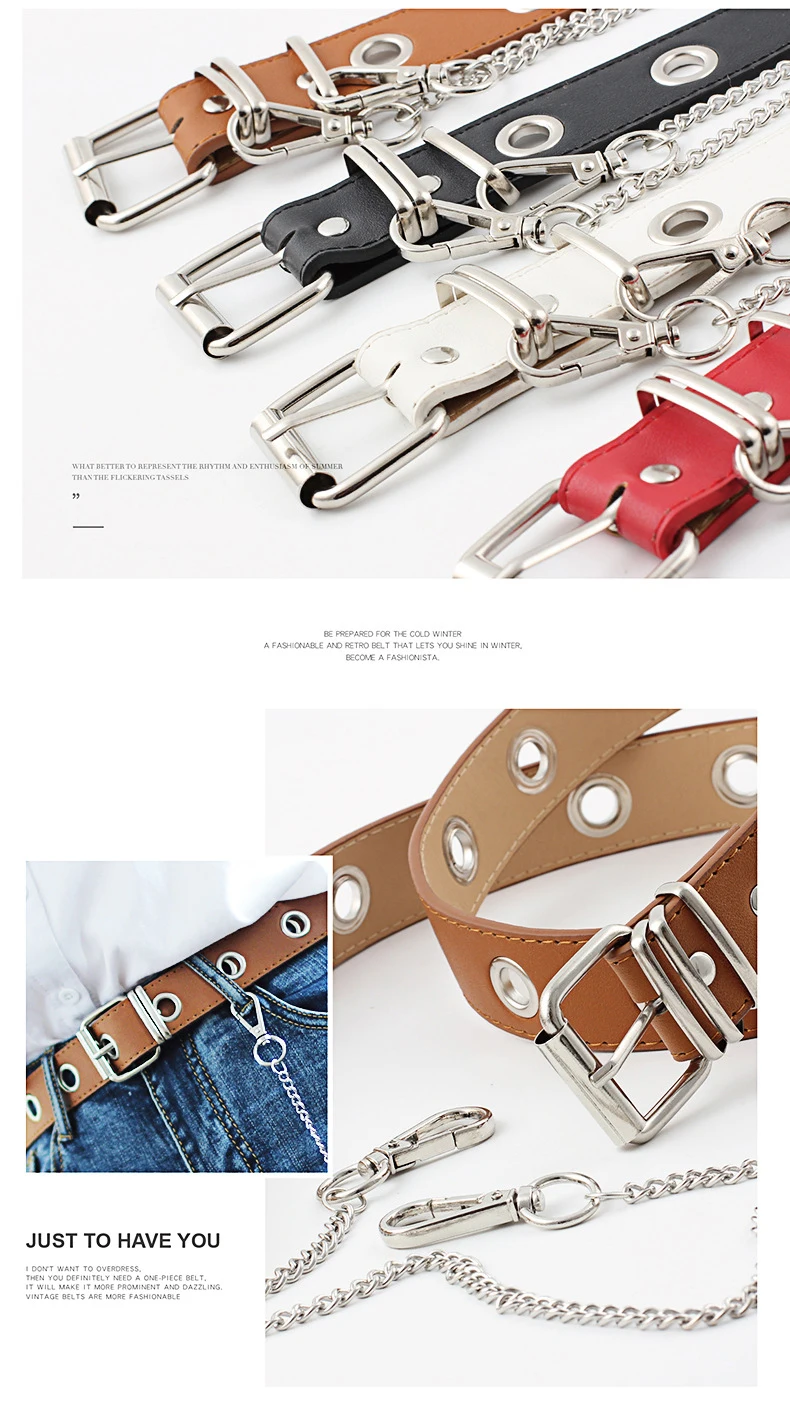 Women Punk metal chain PU leather Fashion Belt Adjustable Single Eyelet Grommet Leather Buckle Belt Multicolor selection