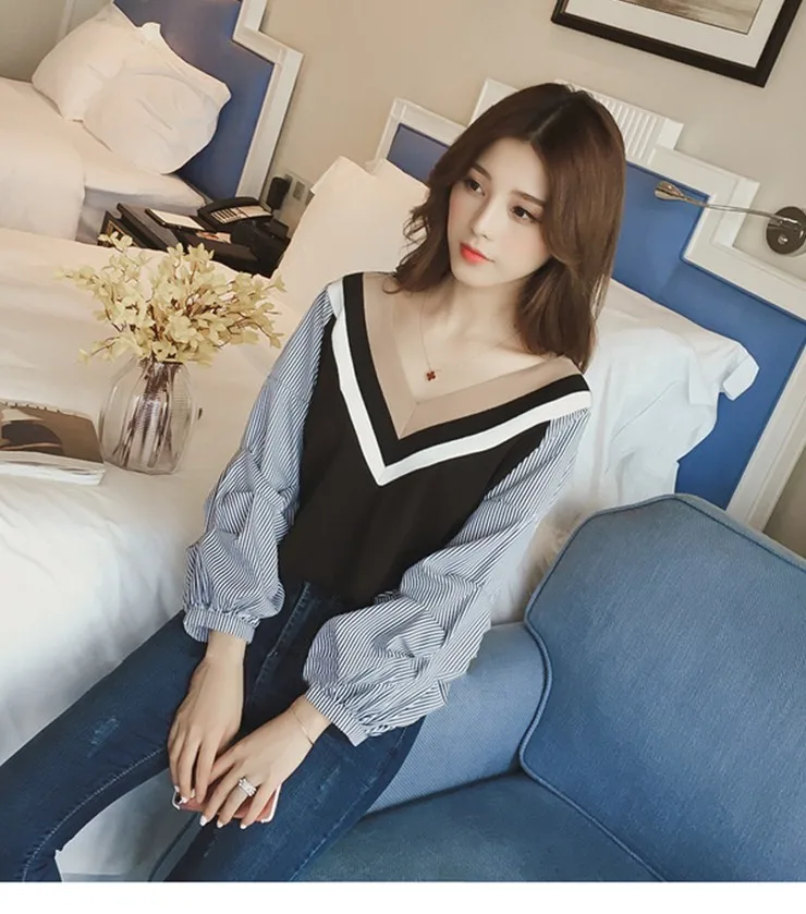 السيدات قمصان طويلة الأكمام blusas موهير 2017 الخريف المرأة البلوزات النسائية الرقبة فانوس كم مخطط المرقعة القمم S6046 السيدات قمصان طويلة الأكمام blusas موهير 2017 الخريف المرأة البلوزات النسائية الرقبة فانوس كم مخطط المرقعة القمم S6046