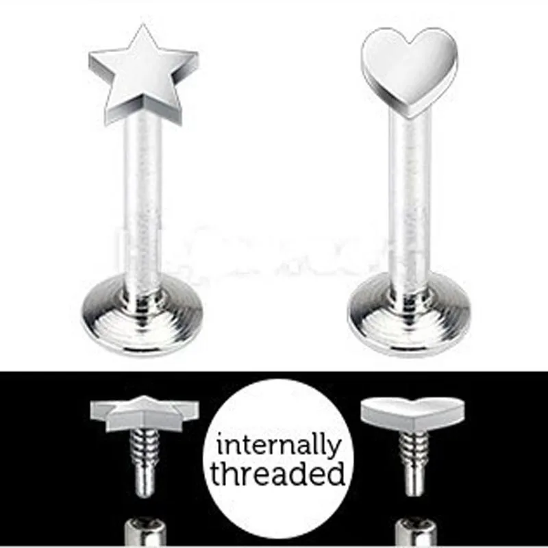 

16G Star Heart Flat Top Internally Threaded Labret Monroe Lip Bar Ring Body Jewellery 100pcs Tragus Earring