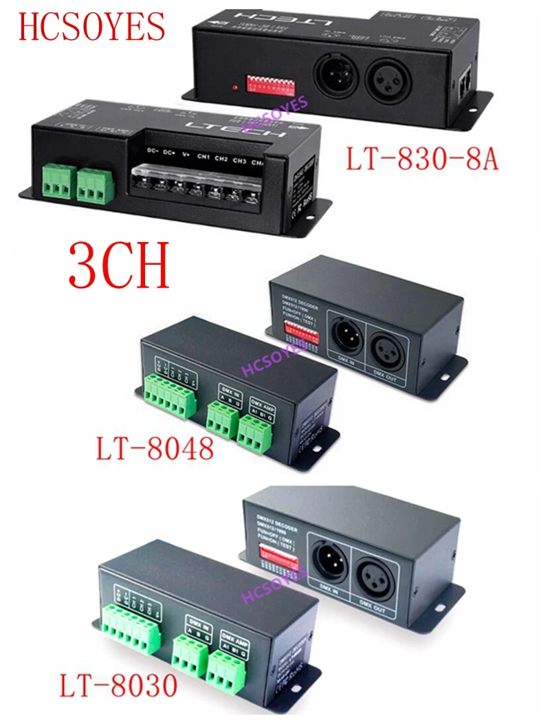 

LTECH 3CH LT-830-8A LT-8048 LT-8030 8A RDM 3-way constant voltage DMX decoder DC5V-24V DMX-PWM CV RGB Controller Dimmer Drive