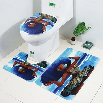 

3PCS Flannel Toilet Floor Mat Set Anti-Skid Bathroom Carpet with personality girl HD printing Toilet Cover and floor Rugs set