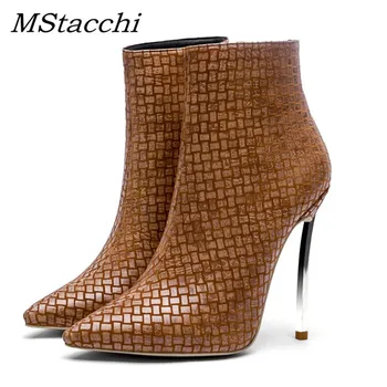 

MStacchi 2019 New Spring Autumn Stilettos Gingham Ankle Boots High Heels 12CM Pointed Toe Red Brown Women's Shoes Big Size 33-43