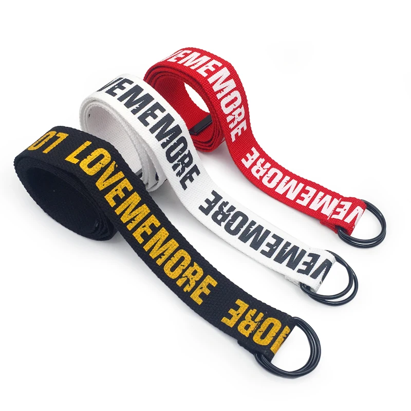 

Women Harajuku Belt Red Letter Printed Fashion Unisex Double D Ring Canvas Strap Female Long Belts For Jeans