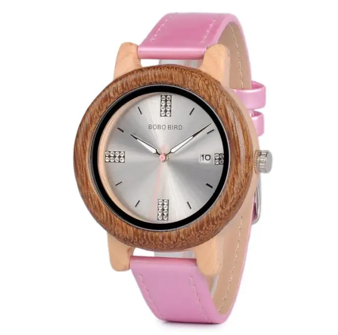BOBO BIRD Новое поступление деревянные бамбуковые часы для женщин кожаный ремешок женские деревянные наручные часы кварцевые в подарочной коробке erkek ko - Цвет: Pink strap