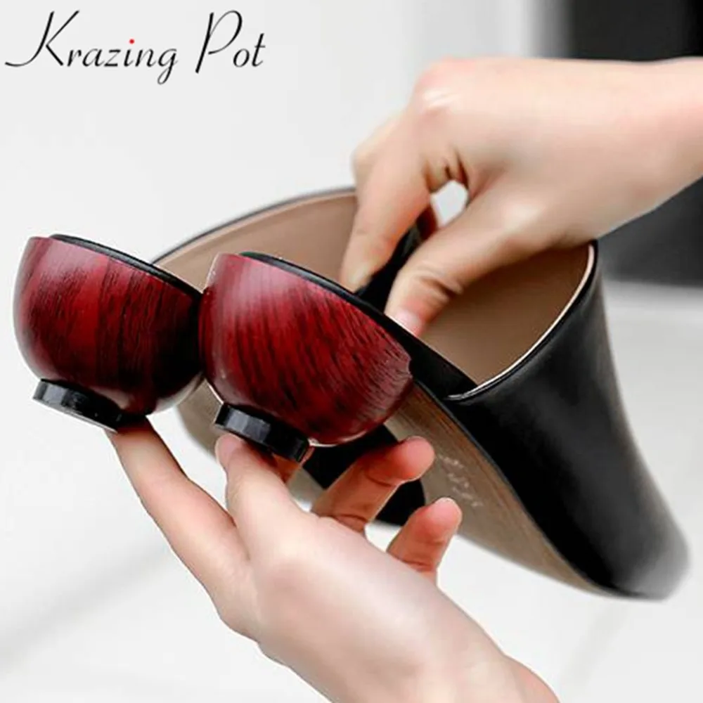 

Krazing Pot vintage art design genuine leather movie star slip on mules square toe plus size med heels gathering women pumps L16