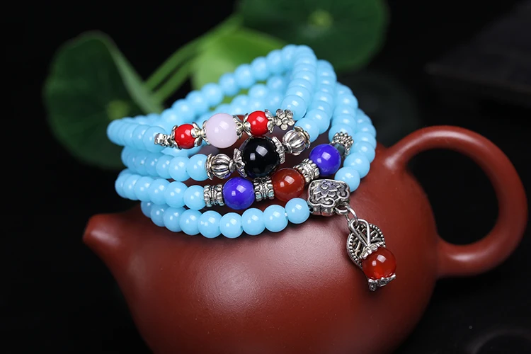 New Fashion 6mm Blue Chalcedony stone beads Tibetan Buddhist 108 Prayer Beads Gourd mala Prayer Bracelet for Meditation Fine Jewelry