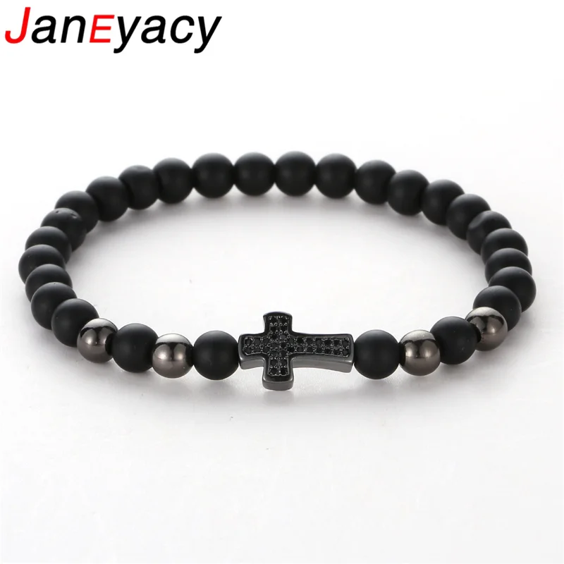 

Janeyacy Brand Bracelet Fashion 6mm Natural Stone Beads Bracelet Women Black Frosted Stone Zircon CZ Bracelet Men Pulseras TZ667