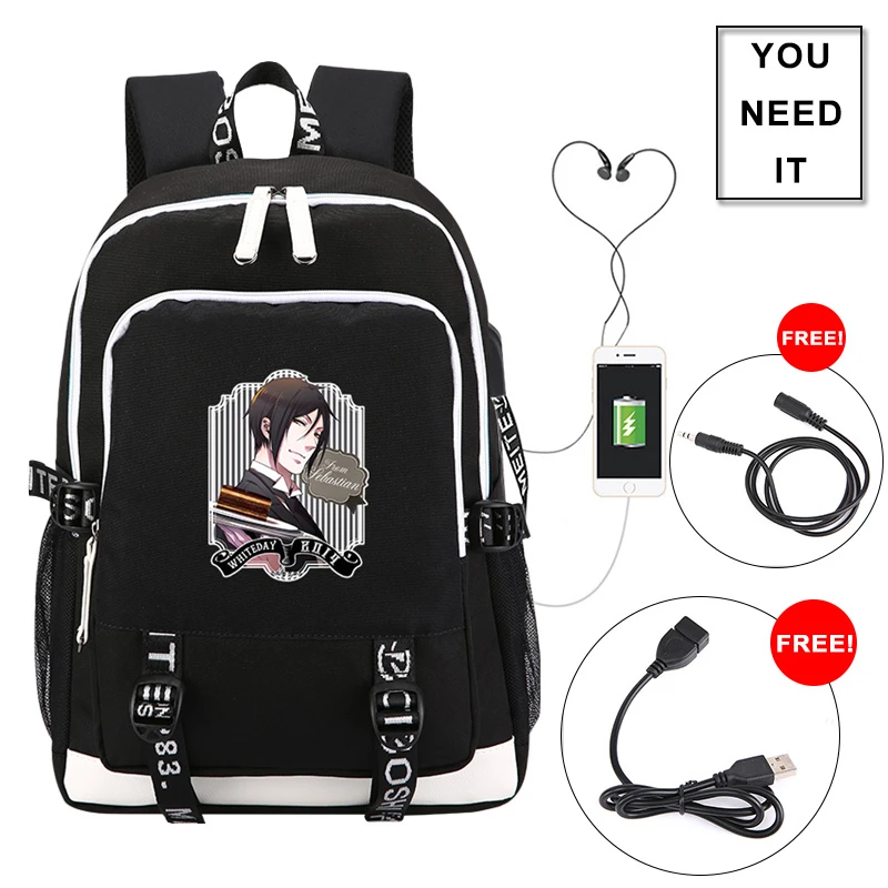 Kuroshitsuji Black Butler Printing Backpack USB Charging Laptop